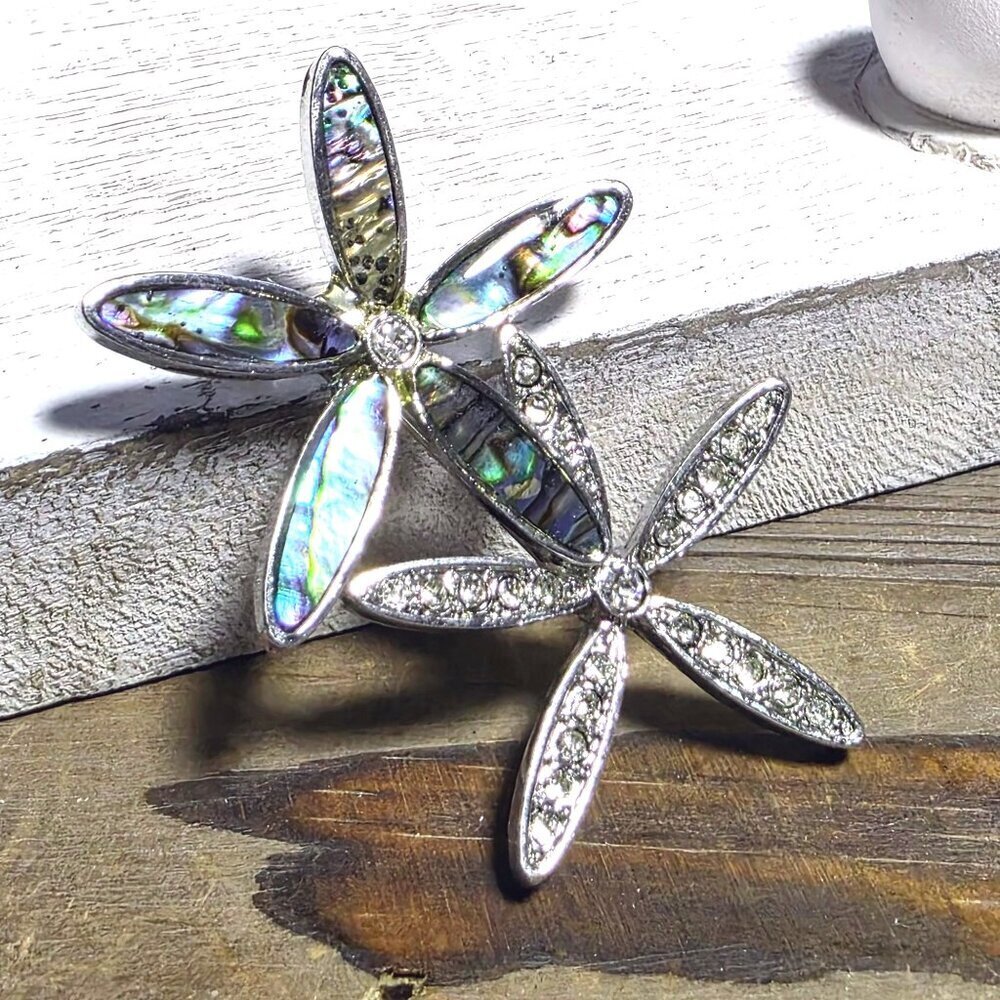 CZ Crystal Flowers Paua Abalone Shell Silver Rhodium Plate Brooch Sweater Pin - Picture 3 of 9